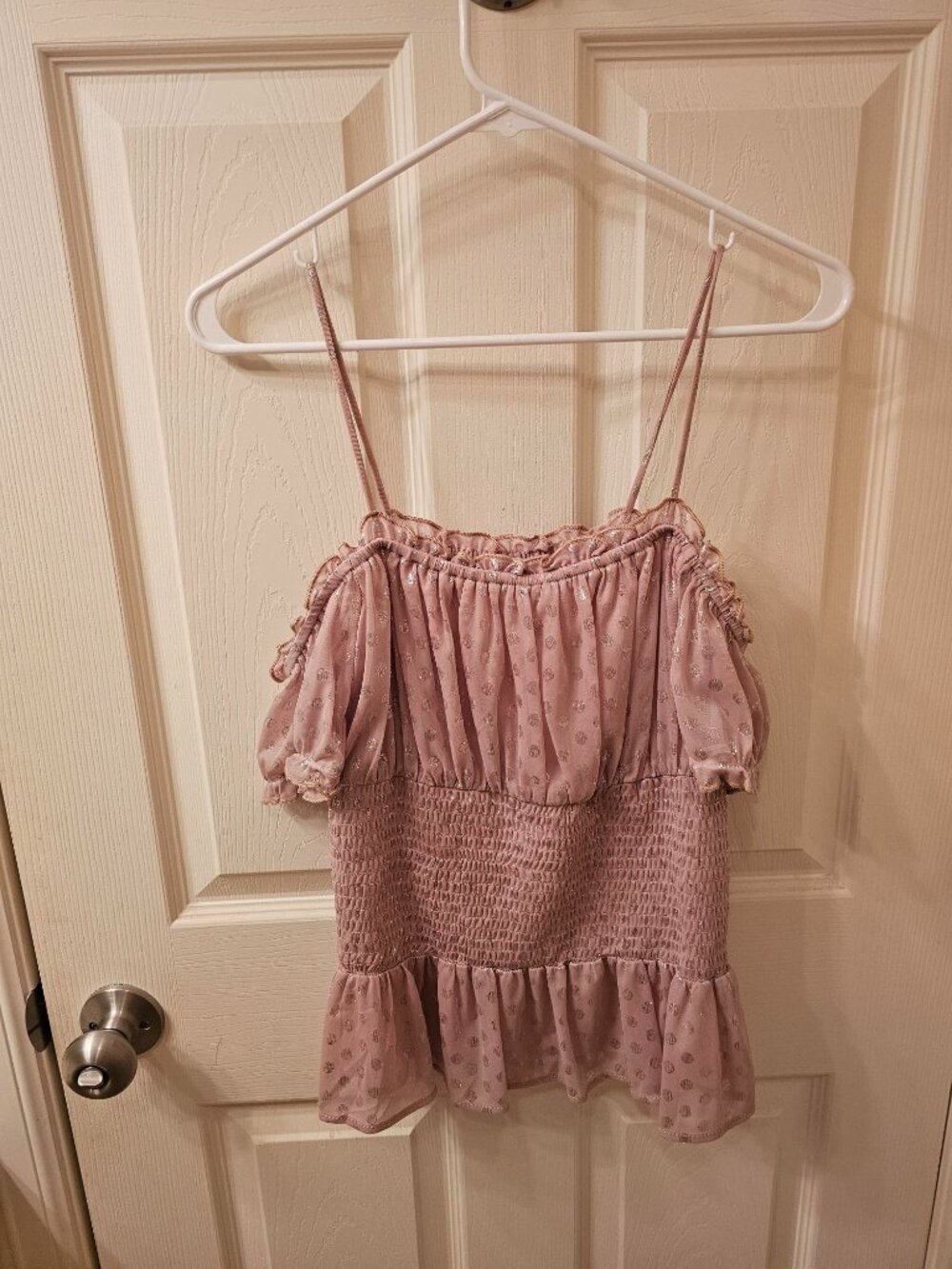 NWOT Venus Small Champagne Polka Dot Blouse w / Smocked Waist